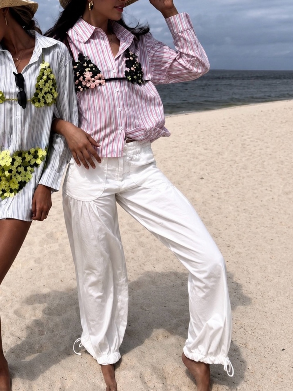 We The Free Pink & White Striped Button-Down Shirts with Floral Appliqué